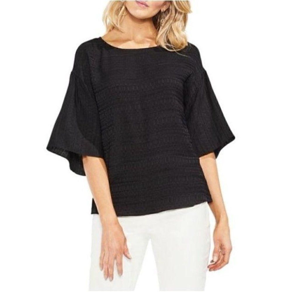 ‎Vince Camuto Black Textured Drop Sleeve Blouse Top